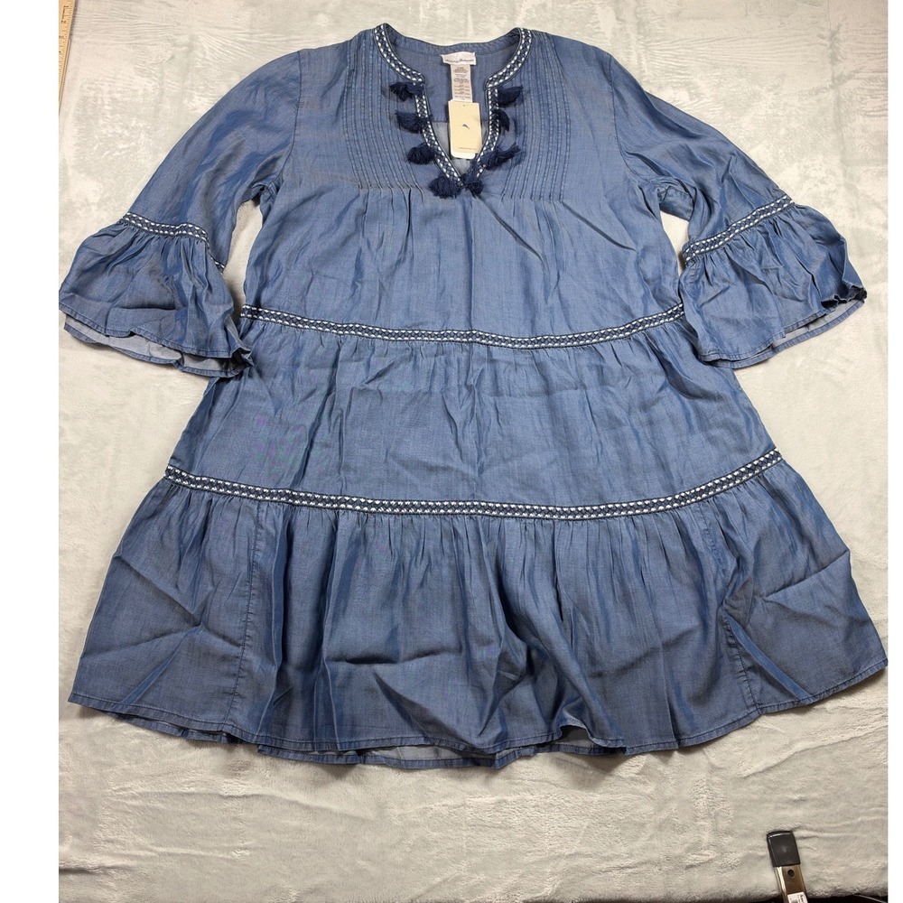 NWT Tommy Bahama Chambray Embroidered Tier Dress L Tassel Tencel Blue SS500340